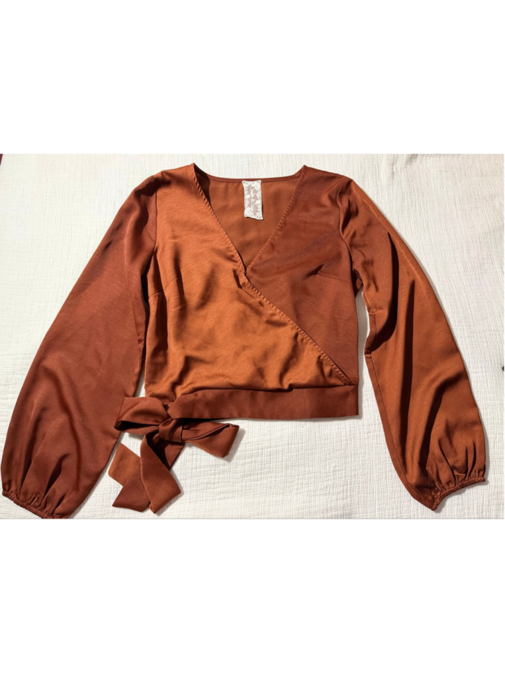 Sadie & Sage Rust Brown Wrap Blouse Balloon Sleeves Size S